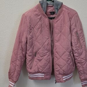 New Look Pink Quilted Bomber Jacket with Grey Hood